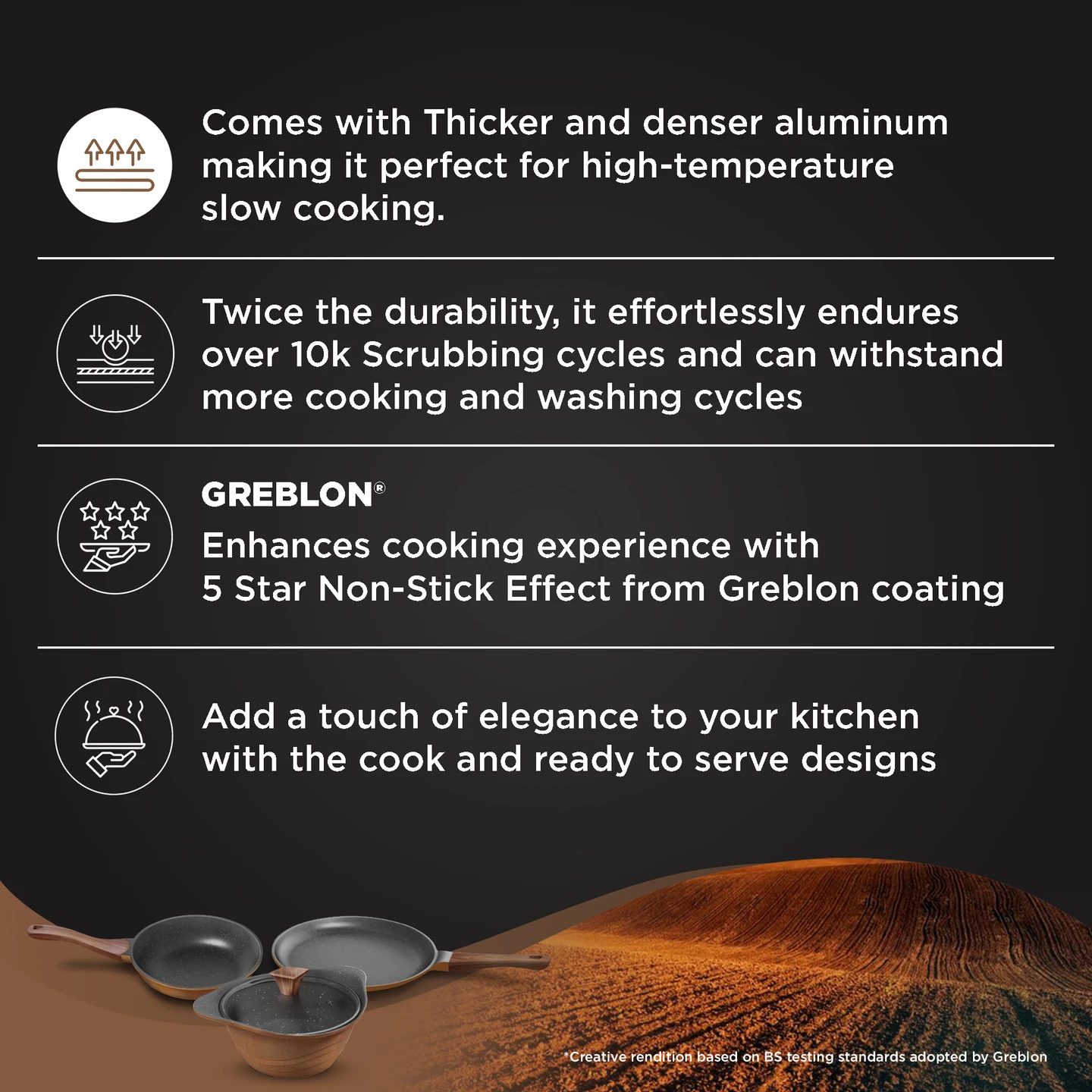 Preethi Artistic Collection Die Cast Non Stick Set , 27 cm Tawa, 24 cm Fry Pan, Kadai 24 cm With Glass Lid - Detail View