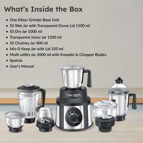 Prestige Endura 1000 W Mixer Grinder, 6 Jars (1500 ml, 1000 ml, 1500 ml, 450 ml) (Black, Silver) - Detail View