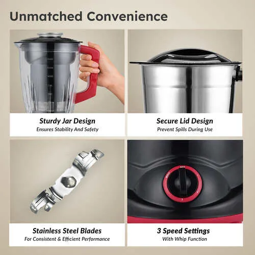 Prestige 750 Watts Regal Mixer Grinder with 4 Jars (3 Stainless Steel Jars + 1 Juicer Jar)| - Detail View