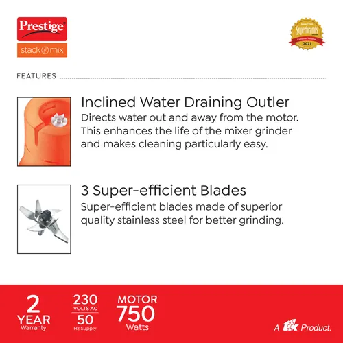 Prestige 750 Watts Stack-O-Mix Mixer Grinder with 3 Stainless Steel Jars| Jar Storage| Inclined Water Draining Outlet| Orange and Black - Detail View