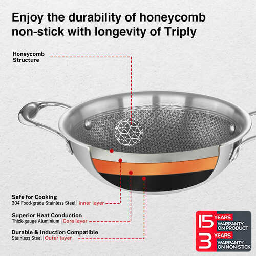 Prestige TRIPLY HexaMagic Kadai | Durable Honeycomb Non-Stick Structure | Low Oil Consumption | Metal Spoon Friendly | Gas & Induction Compatible | 15Y Product & 3Y Coating Warranty| ISI - Detail View