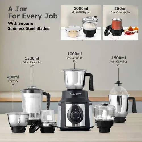 Prestige Endura 1000 W Mixer Grinder, 6 Jars (1500 ml, 1000 ml, 1500 ml, 450 ml) (Black, Silver) - Alternate View
