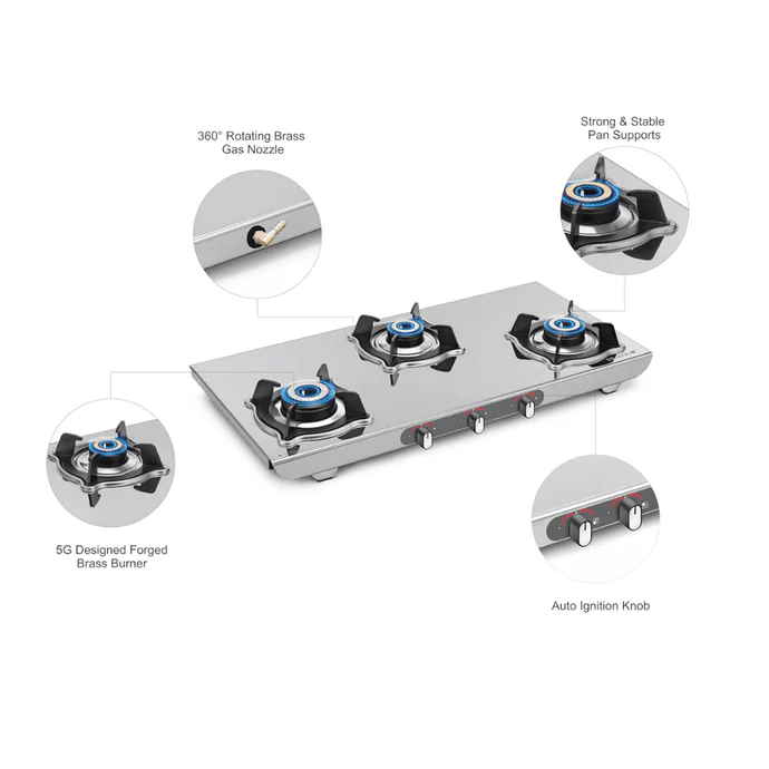 Sujata Cooktop Sterno, 3 Burner Manual Stainless Steel Glossy SS Body Gas Stove (Silver) - Alternate View