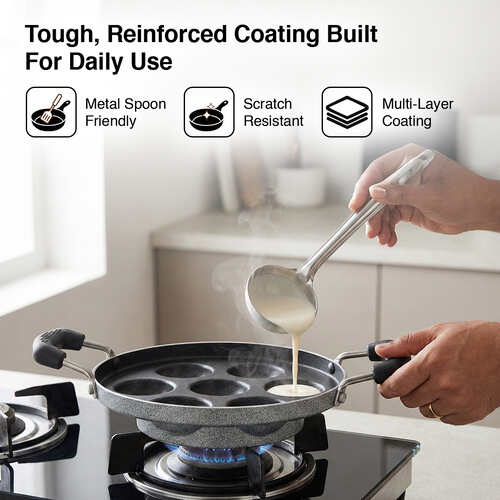 Prestige Omega Select Plus Teflon Coating Residue-free Cooking Round Base 11 Pits Paniyarakkal 25 cm (Black) - Detail View