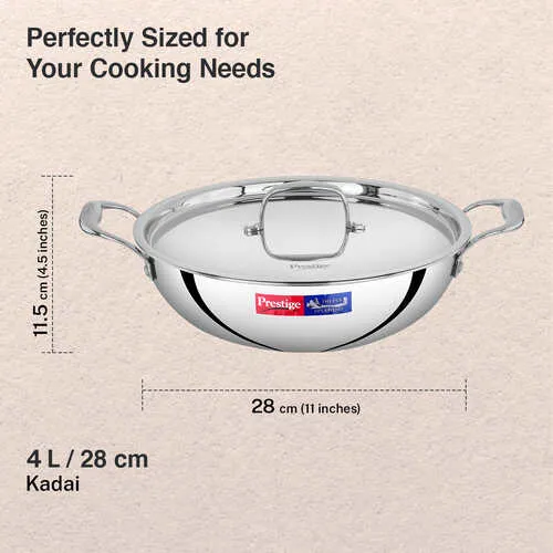 Prestige 28cm/4.0L Tri-Ply Stainless Steel Splendid Kadai with Lid|Gas and Induction Compatible|Even Heat Distribution| Thick Gauge Tri-Ply Body| Perma Cool Handles - Alternate View
