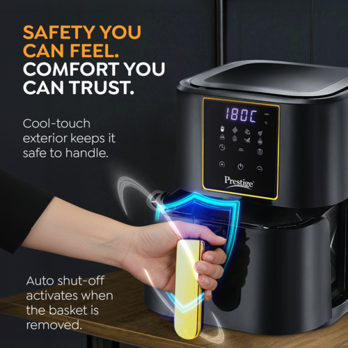 Prestige Nutrifry 4.5L Digital Air Fryer| 80% less Oil Consumption | 8 Preset Menu | Fry, Grill, Roast, Bake, Reheat | Digital Display | 1200 Watts | Easy to Clean | 1Y Warranty | ISI Certified - Detail View