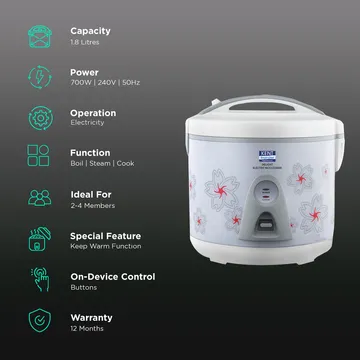 KENT Delight 1.8 Litre Electric Rice Cooker with Keep Warm Function (White - Alternate View