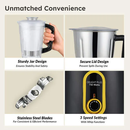 Prestige 750 Watts Delight Plus Mixer Grinder with 4 Jars (3 Stainless Steel Jars + 1 Juicer Jar)| Sturdy Handles| Superior-Grade ABS Body| Yellow and Black - Detail View