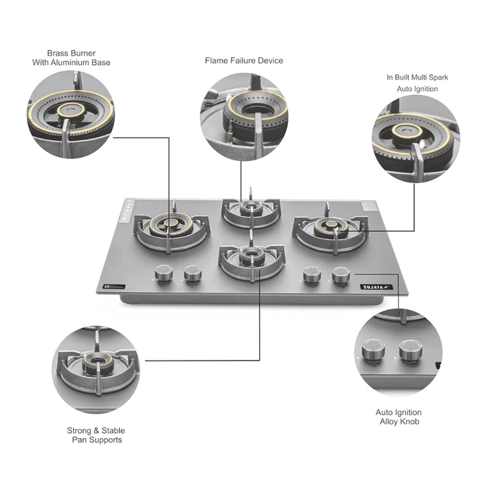 Sujata Hob Gas Stove 4 Burners Glass Top | 5 Years Warranty | 4 Burner Gas Stove Glass Top Auto Ignition, CookTop cum Hob Top, LPG & PNG Compatible, Brass Burner(Palladium FFD Auto Ignition - Black) - Alternate View