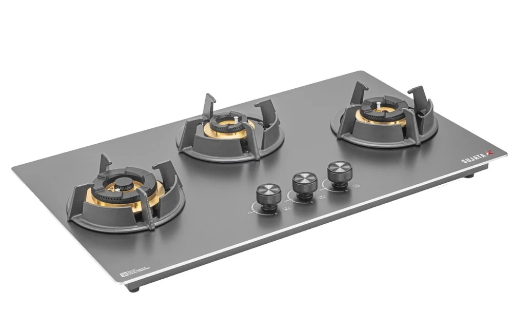 Sujata Hob, 3 Burner 76 cm Auto Ignition Chromium Steel Burner 1 Larg + 1 Medium + 1 Small (Osmium FB 3B76, Black)
