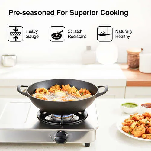Prestige Cast Iron Scratch Resistant Round Base Kadai, 26cm (Black) - Detail View