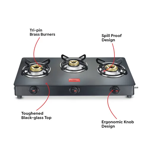 Prestige Magic plus Toughened Glass-Top 3 Brass Burner LPG Gas Stove(GTMP-03) | Black Spill Proof Design | Ergonomic Knob | Tri-Pin Burner - Alternate View