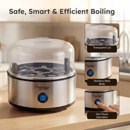 Prestige PEB 01 Egg Boiler (7 Egg Capacity)| 3 Boiling Modes| Auto- Switch Off| Stainless Steel Body|One Touch Operation| Customizable Boiling Level| Measuring Cup Inside| 7 Eggs at a Time|Silver - Alternate View