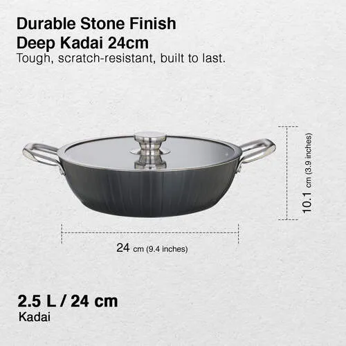 Prestige Durastone Hard Anodised 6 Layer Non-Stick Kadai with Glass Lid, (24 cm, 2.5 Litre) (Black) - Alternate View