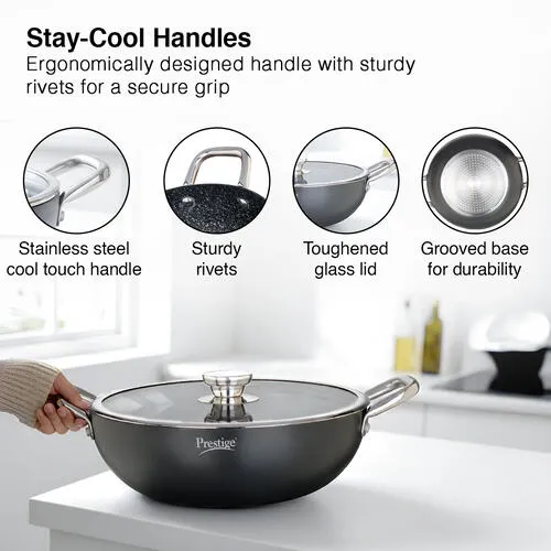 PRESTIGE DURASTONE HARD ANODISED NON-STICK COOKWARE DEEP KADAI 24cm (3 LITRE) WITH GLASS LID - Detail View