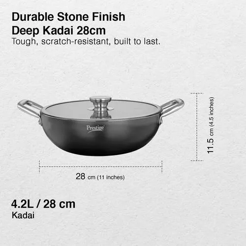 PRESTIGE DURASTONE HARD ANODISED NON-STICK COOKWARE DEEP KADAI 28cm (4.25 LITRE) WITH GLASS LID - Detail View