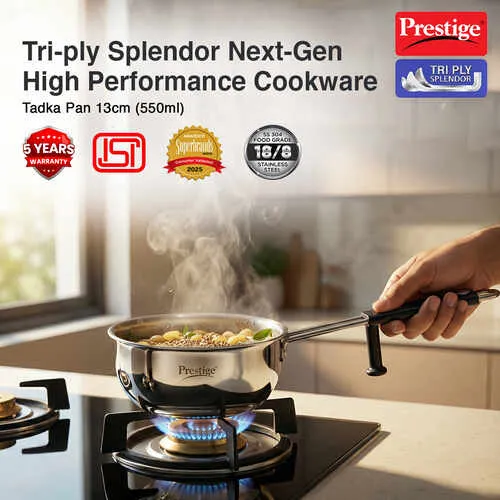 Prestige 13cm/550ml Tri-Ply Stainless Steel Splendor Tadka Pan|Gas & Induction Compatible| Rimmed Edge| In-Built Stand| Heat Resistance Handle| Thick Gauge - Detail View