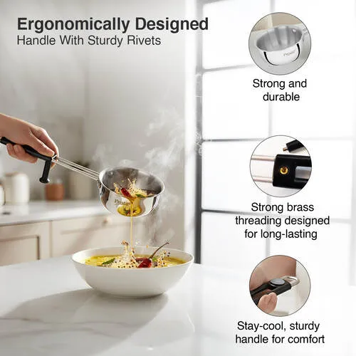 Prestige 11cm/300ml Tri-Ply Stainless Steel Splendor Tadka Pan| Gas & Induction Compatible| Rimmed Edge| In-Built Stand| Heat Resistance Handle| Thick Gauge| Life Time Warranty - Detail View