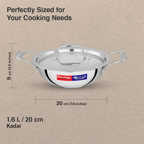 Prestige 20cm/1.6L Tri-Ply Stainless Steel Splendid Kadai with Lid|Gas and Induction Compatible|Even Heat Distribution| Thick Gauge Tri-Ply Body| Perma Cool Handles - Alternate View