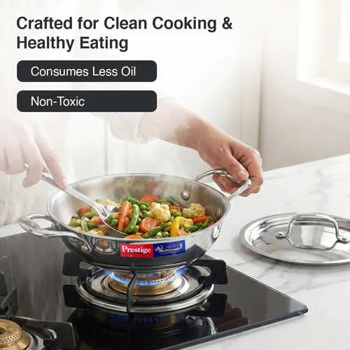 Prestige 20cm/1.6L Tri-Ply Stainless Steel Splendid Kadai with Lid|Gas and Induction Compatible|Even Heat Distribution| Thick Gauge Tri-Ply Body| Perma Cool Handles - Detail View