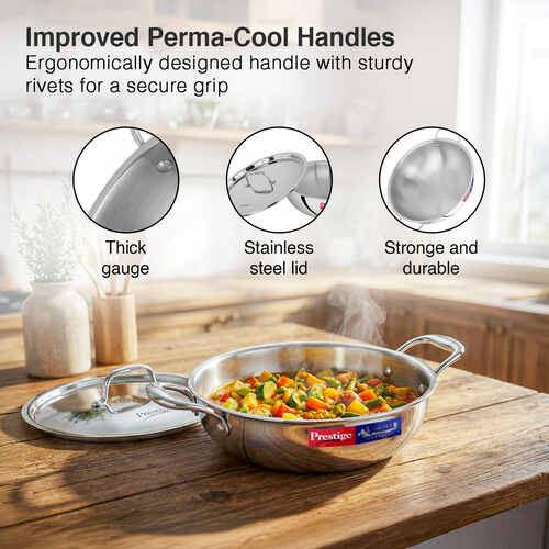 Prestige 22cm/2.1L Tri-Ply Stainless Steel Splendid Kadai with Lid|Gas and Induction Compatible|Even Heat Distribution| Thick Gauge Tri-Ply Body| Perma Cool Handles - Alternate View