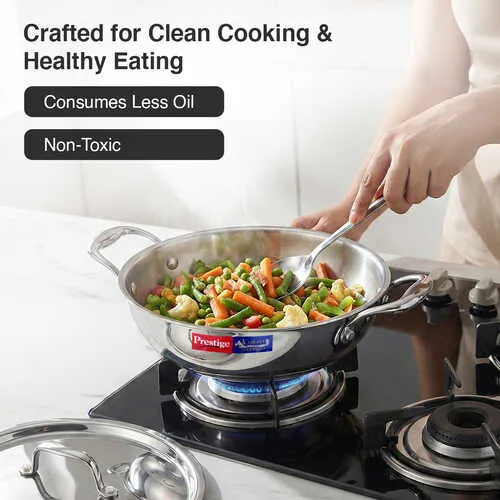 Prestige 26cm/3.2L Tri-Ply Stainless Steel Splendid Kadai with Lid|Gas and Induction Compatible|Even Heat Distribution| Thick Gauge Tri-Ply Body| Perma Cool Handles - Detail View
