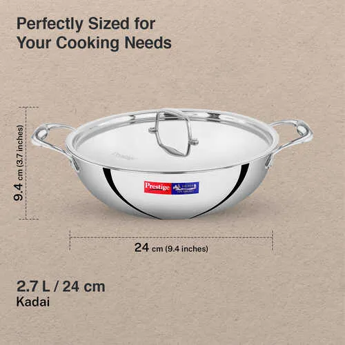 Prestige 24cm/2.7L Tri-Ply Stainless Steel Splendid Kadai with Lid|Gas and Induction Compatible|Even Heat Distribution| Thick Gauge Tri-Ply Body| Perma Cool Handles - Alternate View