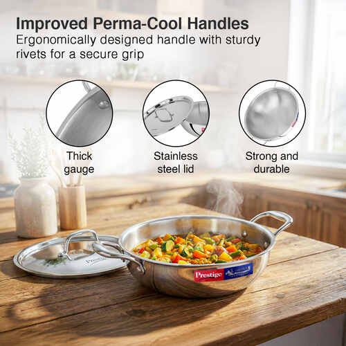 Prestige 26cm/3.2L Tri-Ply Stainless Steel Splendid Kadai with Lid|Gas and Induction Compatible|Even Heat Distribution| Thick Gauge Tri-Ply Body| Perma Cool Handles - Alternate View