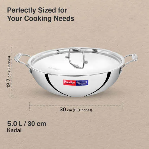 Prestige 30cm/5.0L Tri-Ply Stainless Steel Splendid Kadai with Lid|Gas and Induction Compatible|Even Heat Distribution| Thick Gauge Tri-Ply Body| Perma Cool Handles - Alternate View