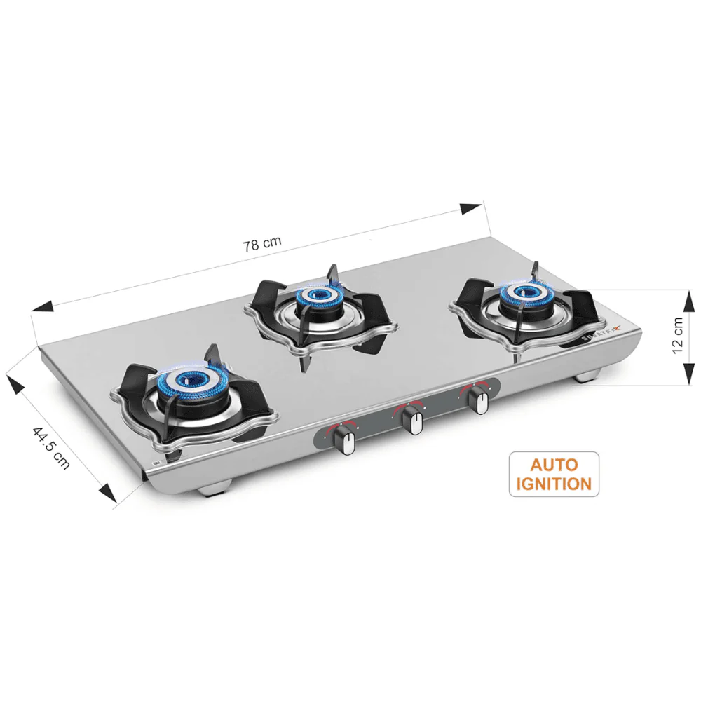 Sujata Cooktop Sterno, 3 Burner Manual Stainless Steel Glossy SS Body Gas Stove (Silver) - Detail View