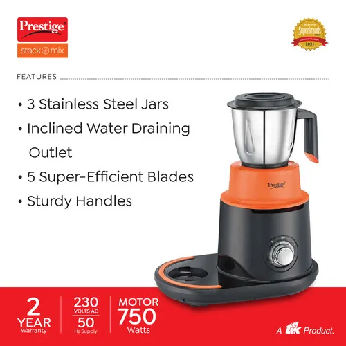 Prestige 750 Watts Stack-O-Mix Mixer Grinder with 3 Stainless Steel Jars| Jar Storage| Inclined Water Draining Outlet| Orange and Black - Alternate View