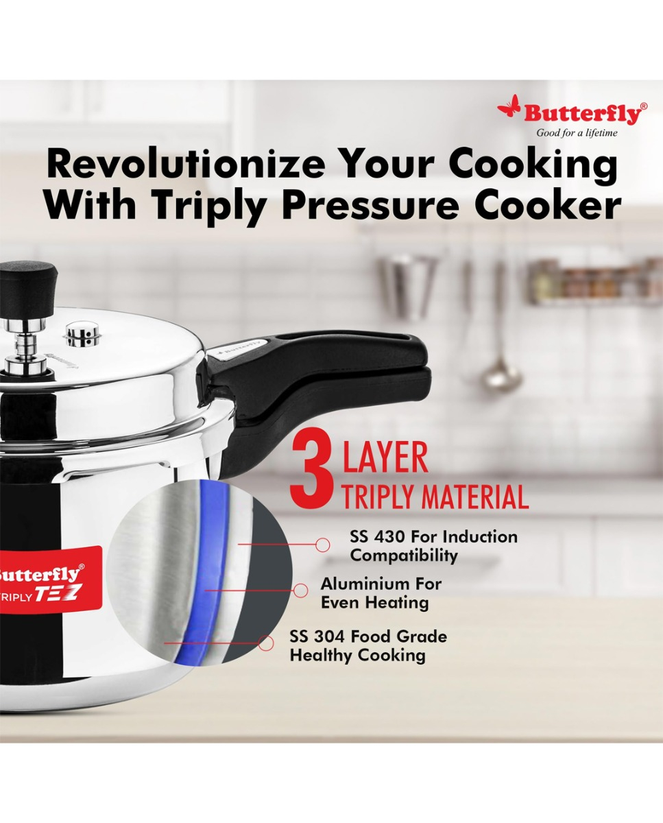 Butterfly Stainless Steel Tez Triply 5 Litres Pressure Cooker - Detail View