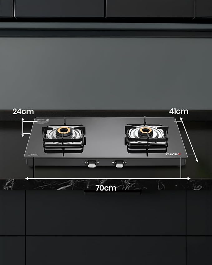 Sujata Gas stove 2 Burner Glass Top | Classic Gas stove Manual Ignition | 9 Years Warranty | 2 Burner Gas Stove | ISI Certified | LPG & PNG Compatible | Brass Burner (Black Colour) - Alternate View