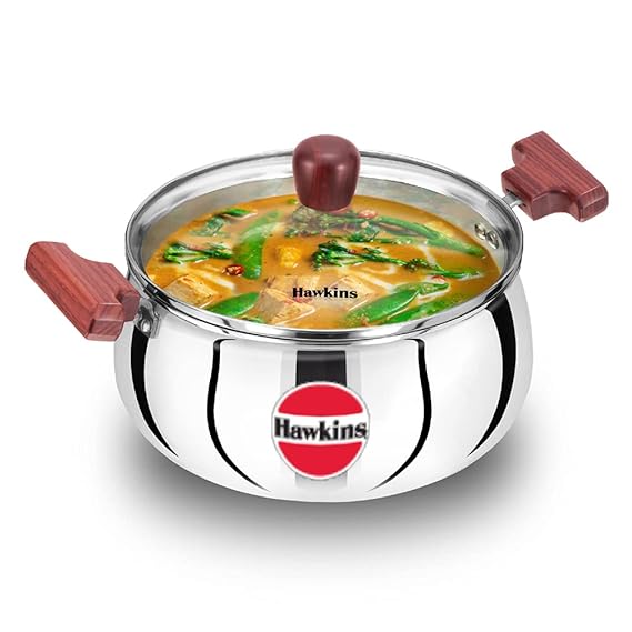Hawkins 4 Litre Cook n Serve Handi, Triply Stainless Steel Handi with Glass Lid, Induction Sauce Pan, Saucepan, Silver (SSH40G)