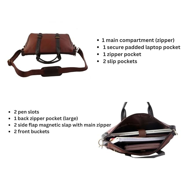 Mysa Brown Vegan Leather Slim Vintage Messenger Crossbody Satchel Shoulder Laptop Briefcase Sleeve Bags with Adjustable Strap for Office Work School Travel Fits 14