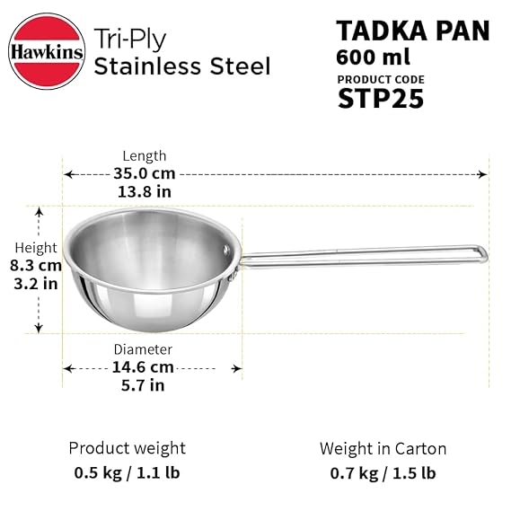 Hawkins 2.5 Cup Tadka Pan, 600ml Triply Stainless Steel Pan, Silver (STP25) - Detail View