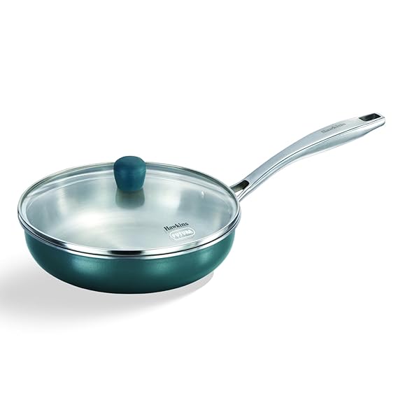 Hawkins 22 cm Triply Stainless Steel Olive Frying Pan | Induction & Gas Compatible | Easy-Clean Ceramic Exterior | with Lid | Green (POSF22G)