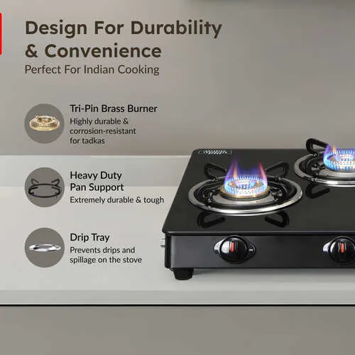 Prestige Magic plus Toughened Glass-Top(Long)4 Brass Burner LPG Gas Stove (GTMP-04L)| Black Spill Proof Design | Ergonomic Knob | Tri-Pin Burner - Alternate View