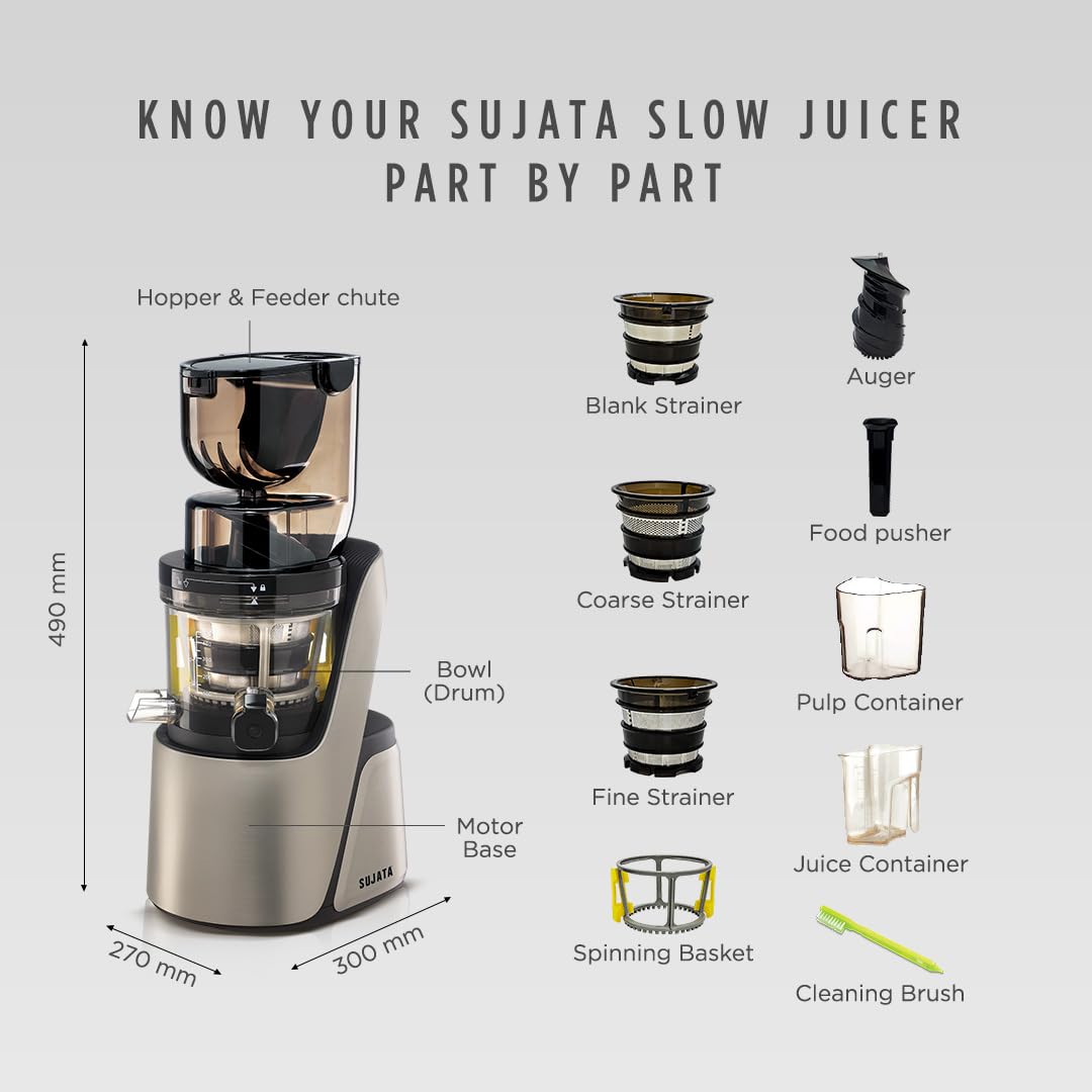 Sujata Cold Pressed Slow Juicer SJ01 | Ideal for Fruit, Vegetable Juices, Nut Milks, Smoothies & Frozen Desserts | Dual Feeding Chute | Reverse Function | Magnetic Safety Lock - Alternate View