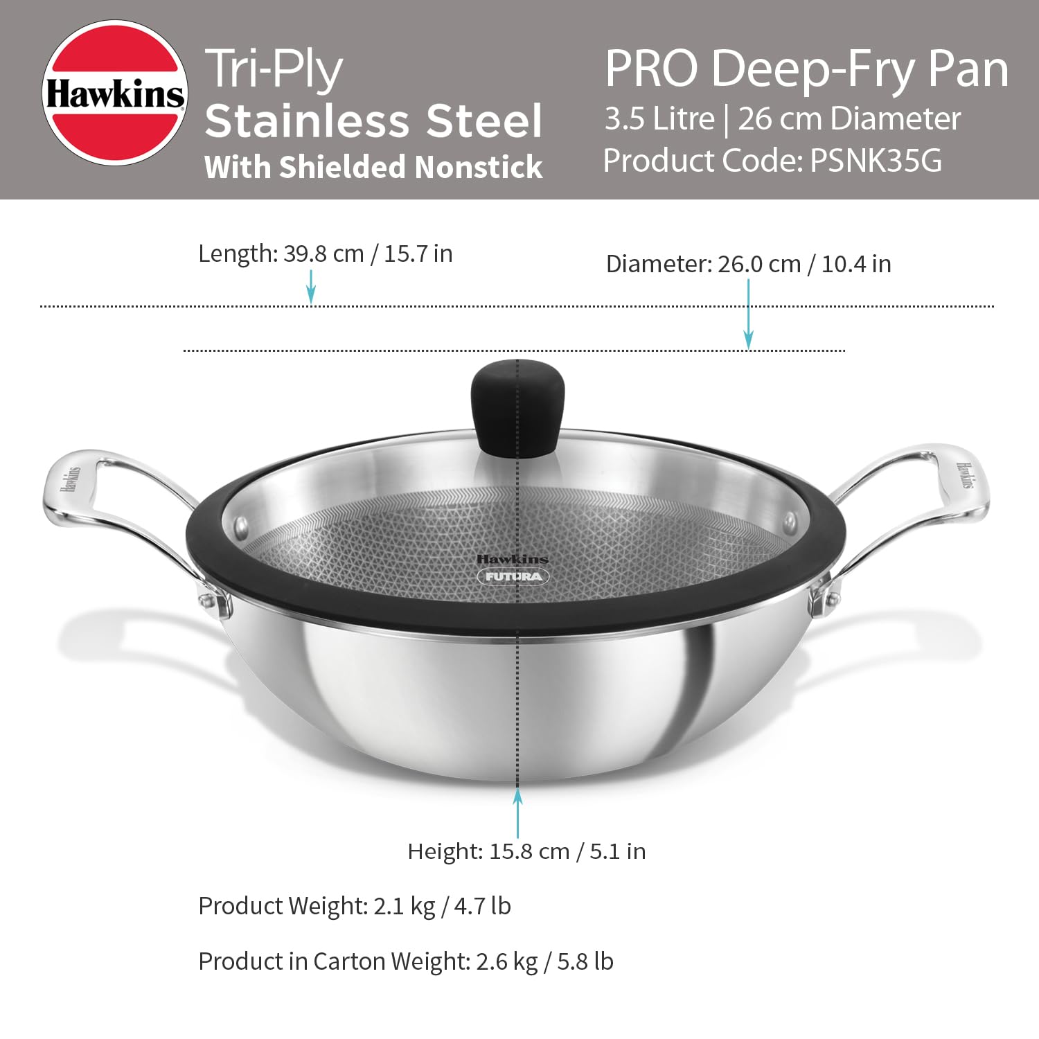 Hawkins Pro 3.5 Litre Shielded Nonstick Triply Deep-Fry Pan, Kadhai with Stainless Steel Handles and Glass Lid, Silver (PSNK35G), 26 cm|Induction and Gas Stove Compatible - Detail View
