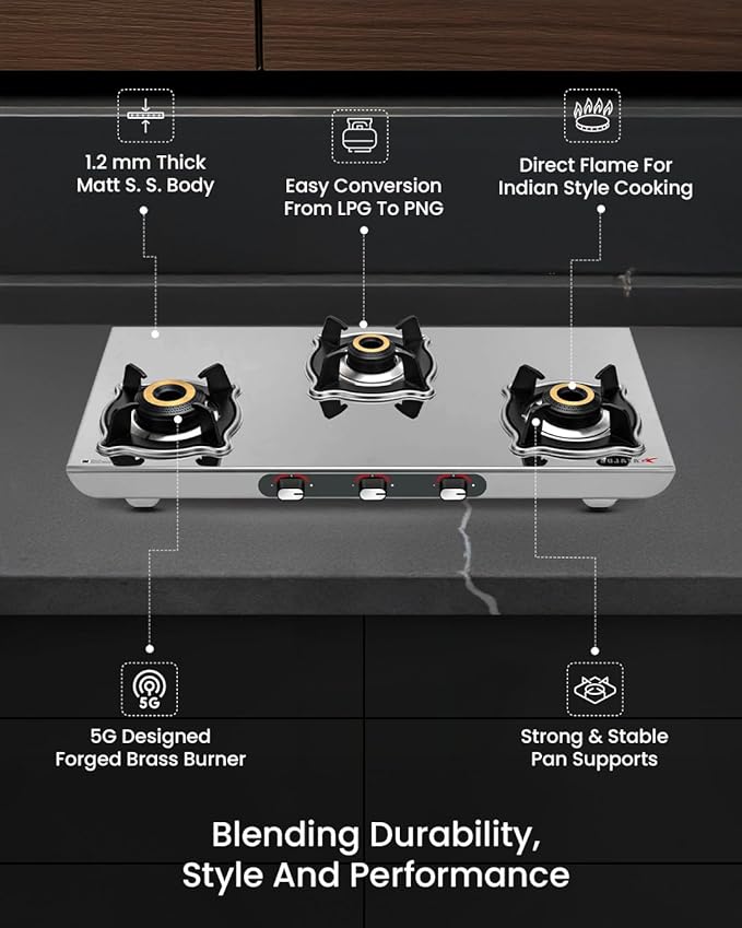 Sujata Majestic Manual Ignition Gas Stove | 9 Years Warranty | Stove 3 Burner, Gas Stove 3 Burners Steel, SABAF, ISI Certified, LPG & PNG Compatible, Jumbo Brass Burners (Stainless Steel) - Detail View