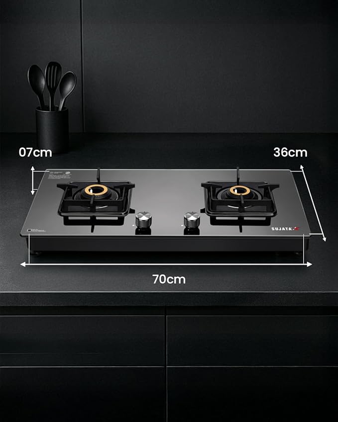 Sujata Premium Gas Stove Auto Ignition | 9 Years Warranty | Gas Stove 2 Burners Glass Top, SABAF, ISI Certified, LPG & PNG Compatible, 360° Rotating Brass Gas Nozzle, Jumbo Brass Burner (Black) - Alternate View