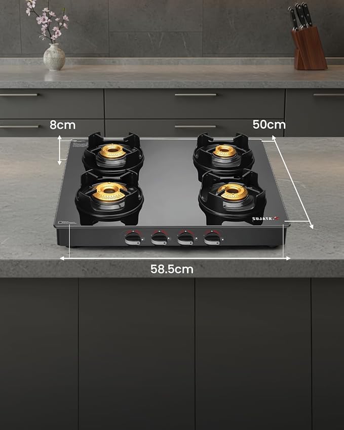 Sujata Deluxe Gas Stove | 9 Years Warranty | 4 Burner Stove, Gas Stove 4 Burners Glass Top, Manual Ignition, SABAF, ISI Certified, LPG & PNG Compatible, Jumbo Brass Burner (Black) - Alternate View
