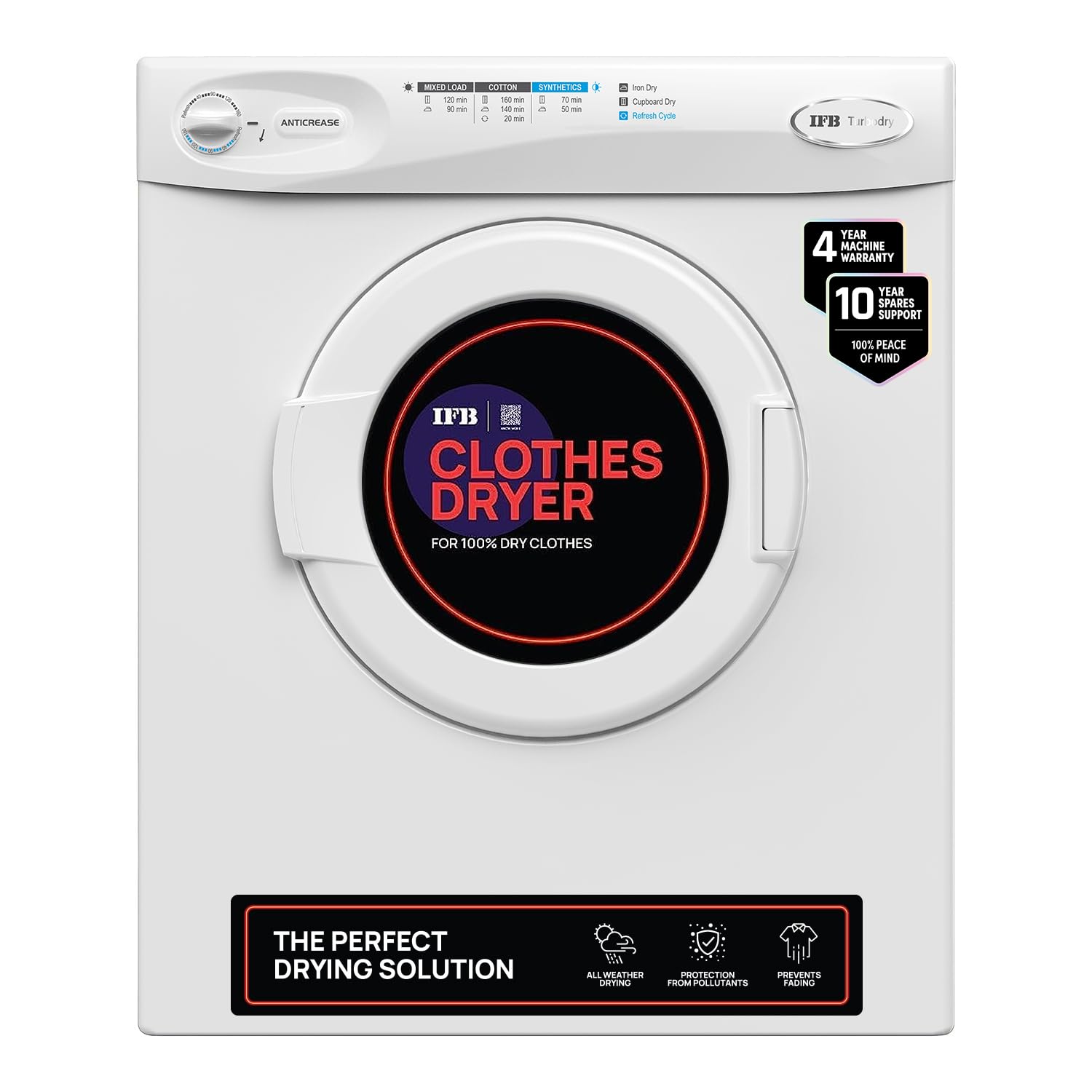 IFB 5.5 Kg Dryer Only, Fully Automatic Front Load, Refresh Cycle, Knob Control, Wall Mountable (Turbo Dry, Anti-Crease, Germ-Free Drying, White)