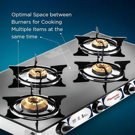 Butterfly Alpha 4 Burner Glass Top Gas Stove | 8mm Ultra Thick Tempered Glass  - Alternate View