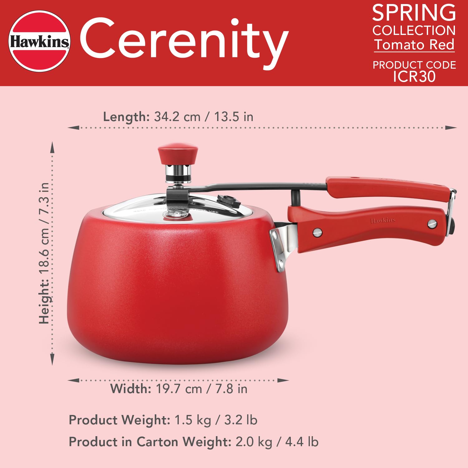 Hawkins Cerenity 3L Pressure Cooker | Ceramic Coated | Contura Shape | Induction & Gas Compatible | Cook Rice, Dal & Curries | ISI Certified | 5 Year Guarantee | Tomato Red (ICR30) - Detail View