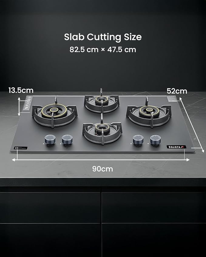 Sujata Hob Gas Stove 4 Burners Glass Top | 5 Years Warranty | 4 Burner Gas Stove Glass Top Auto Ignition, CookTop cum Hob Top, LPG & PNG Compatible, Brass Burner(Palladium FFD Auto Ignition - Black) - Detail View