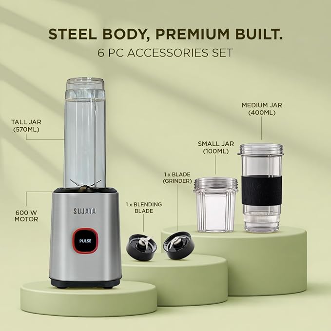 Sujata Nutromatic 600 Watt Electric Blender | Personal Blender for Smoothies, Juices & Nutritious Drinks with 3 Multipurpose Jars Including Travel Jar - Alternate View