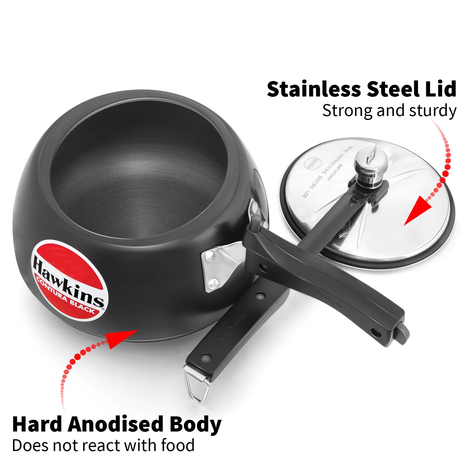 Hawkins 3 Litre Contura Black Pressure Cooker, Hard Anodised Inner Lid Cooker, Handi Cooker, (CB30) - Detail View