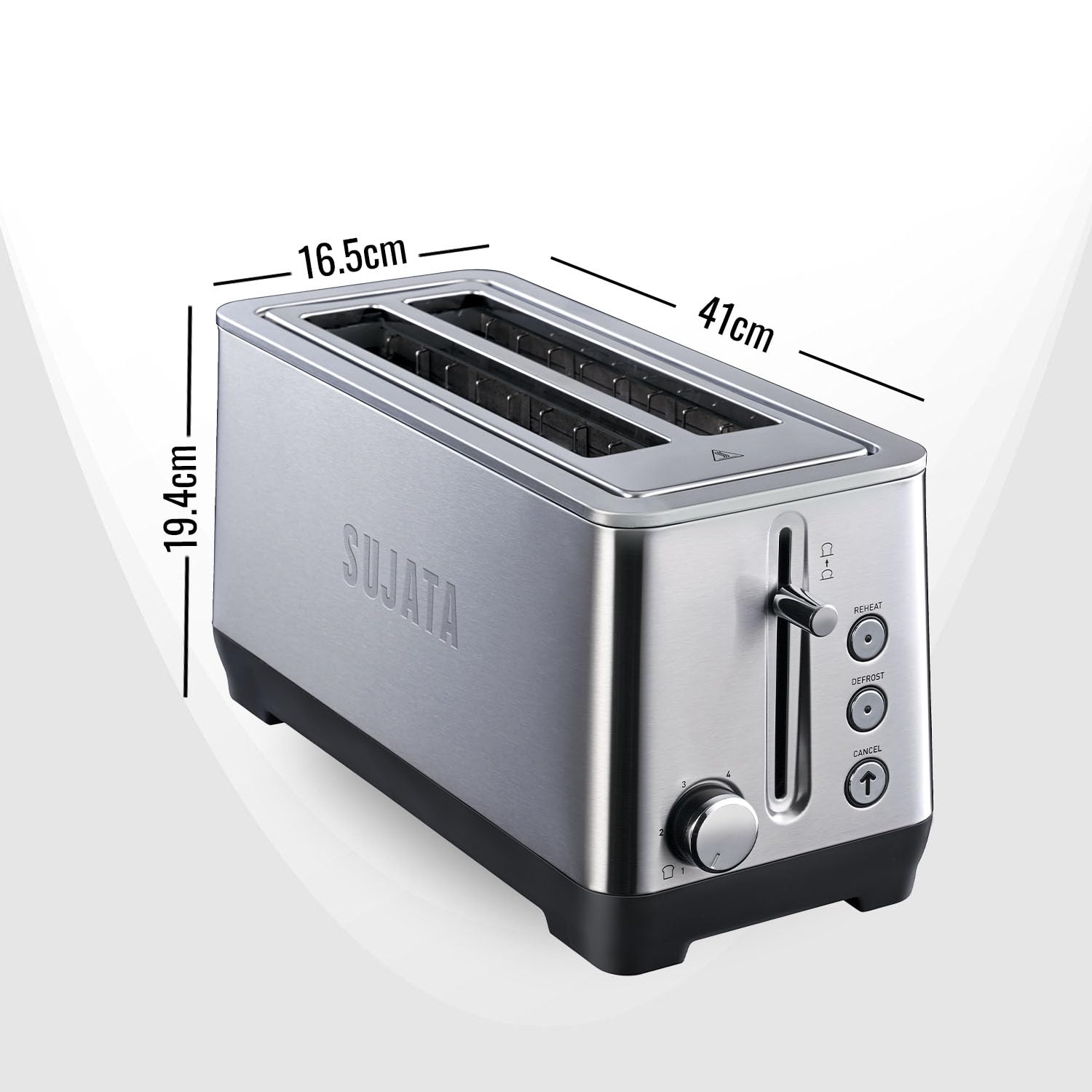 Sujata 1500 W Pop-up 4 Slice Stainless Steel PT12 Toaster | 7 Heating Modes | Cool Touch | Reheat and Defrost Function | High Lift Toast | Extra Wide Toast Slot - Detail View